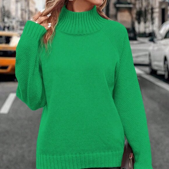 Green Casual Women's Turtleneck Pullover Sweater with Raglan Sleeve - Picture 4 of 8